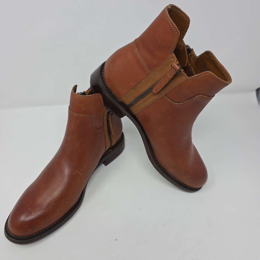Franco Sarto Halford Bootie Women 8M Cognac Leather Dual Zip Low Blck Heel Ankle